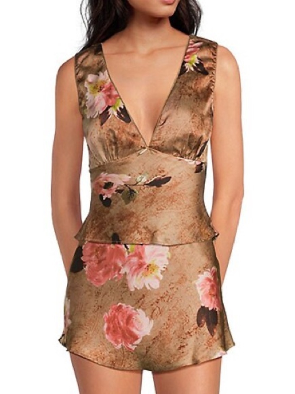 NIA Satin Floral V-Neck Skirt Set  in Brown